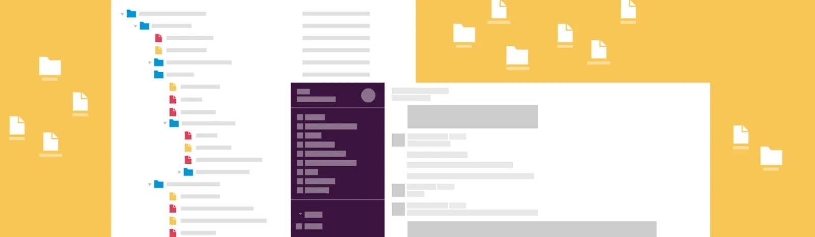 An illustration of assets buried in folders and lost in a chat stream.
