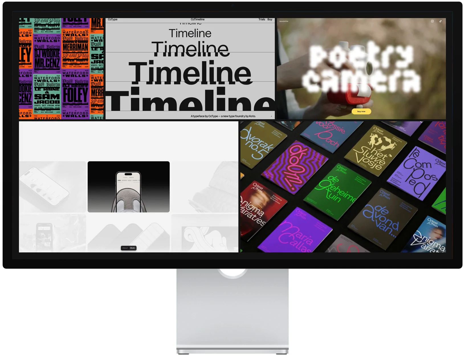 Idle Fancy running on a desktop display, cycling through a grid of packaging, photography, architecture and illustration pulled from design blogs.