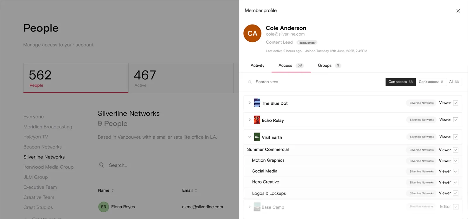 A member profile on the People page, listing everything they can access.